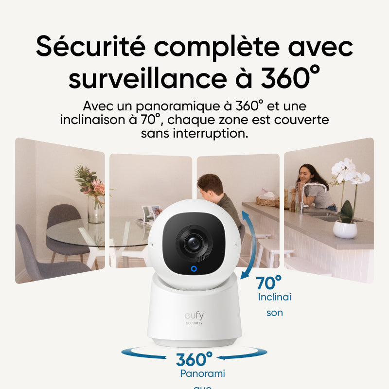 eufy Security Indoor Cam C220 Caméra de sécurité intérieure 2K filaire avec PTZ 360°, Wi-Fi, détection d'humains/mouvements, idéale comme babyphone