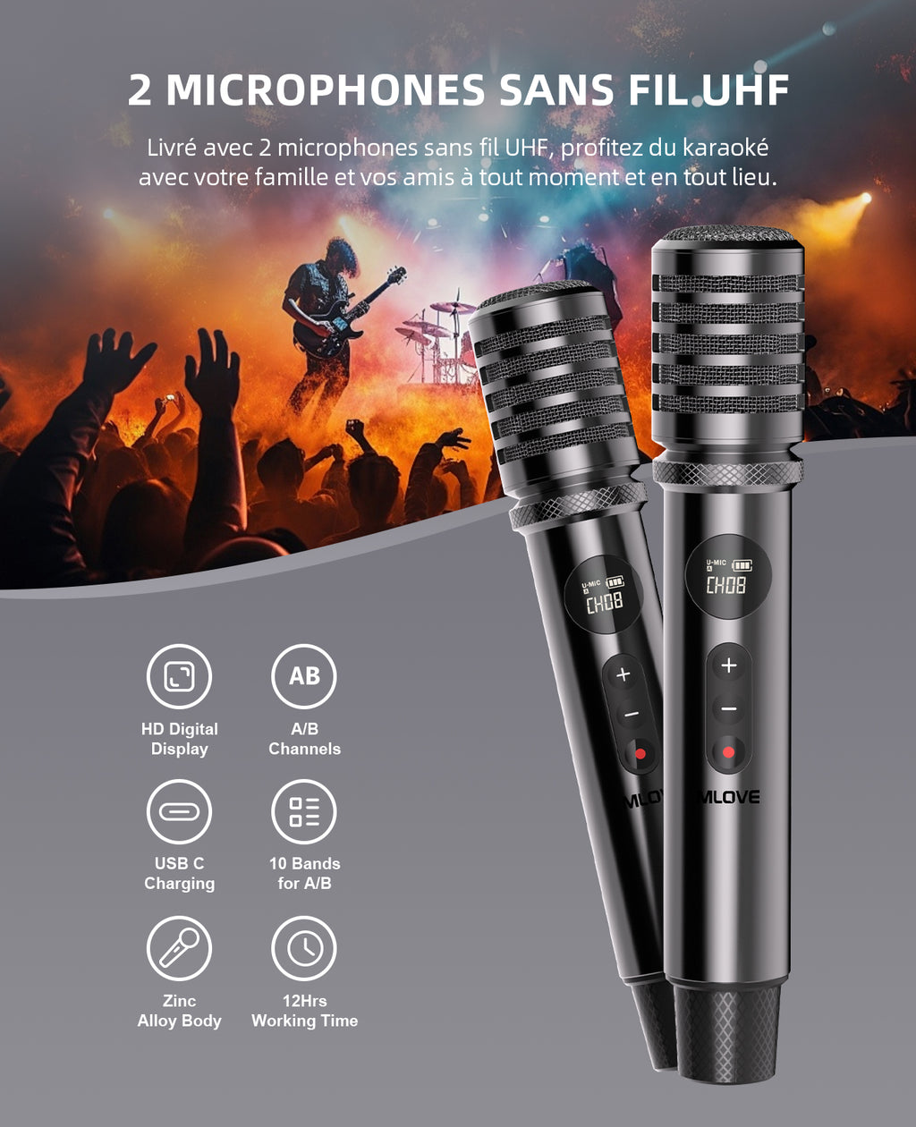 mlove Rangers D5 Machine à karaoké professionnelle 200 W avec 2 microphones sans fil, Bluetooth, Noir