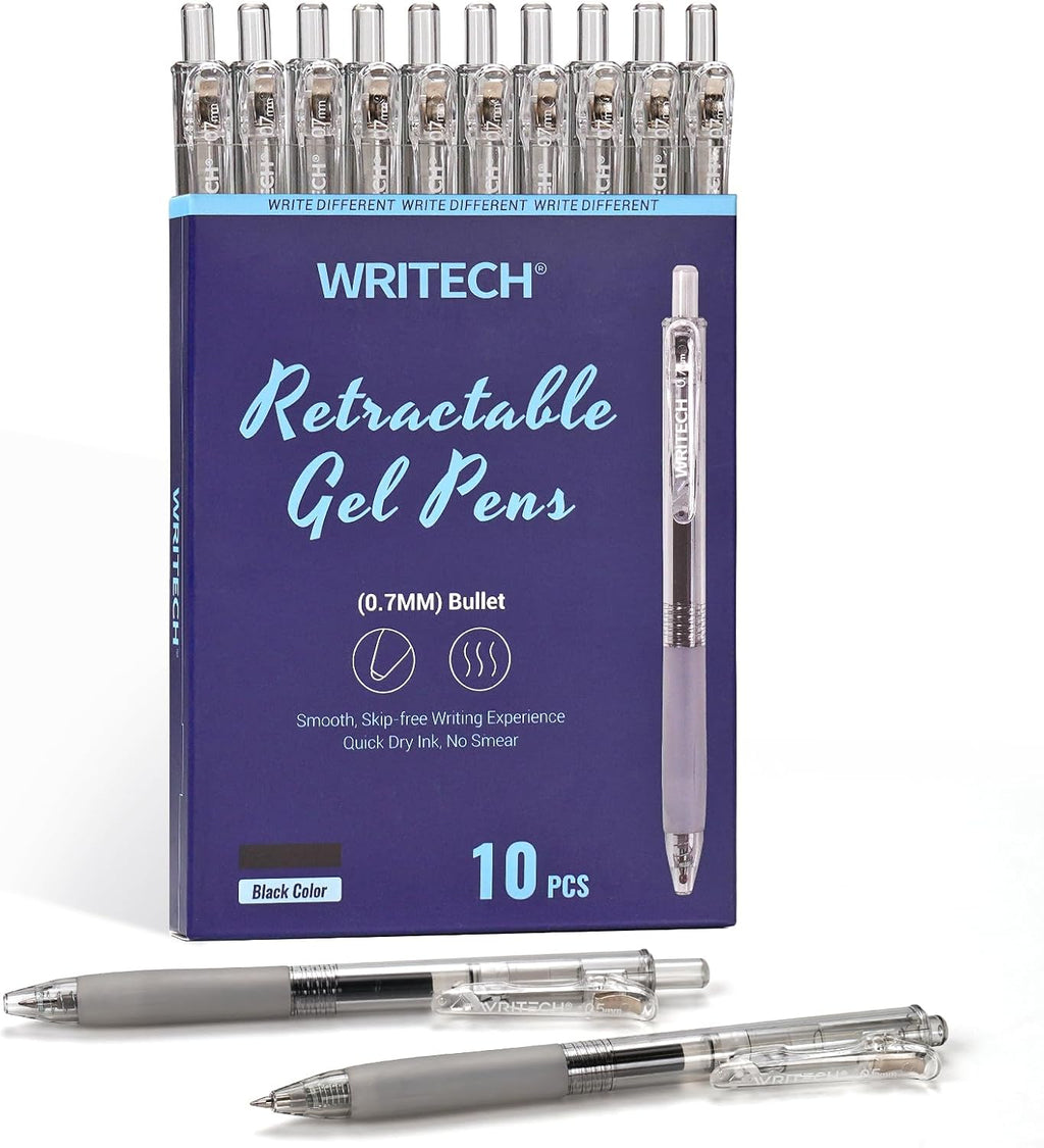WRITECH Lot de 10 stylos rétractables à encre gel noire - 0,7 mm