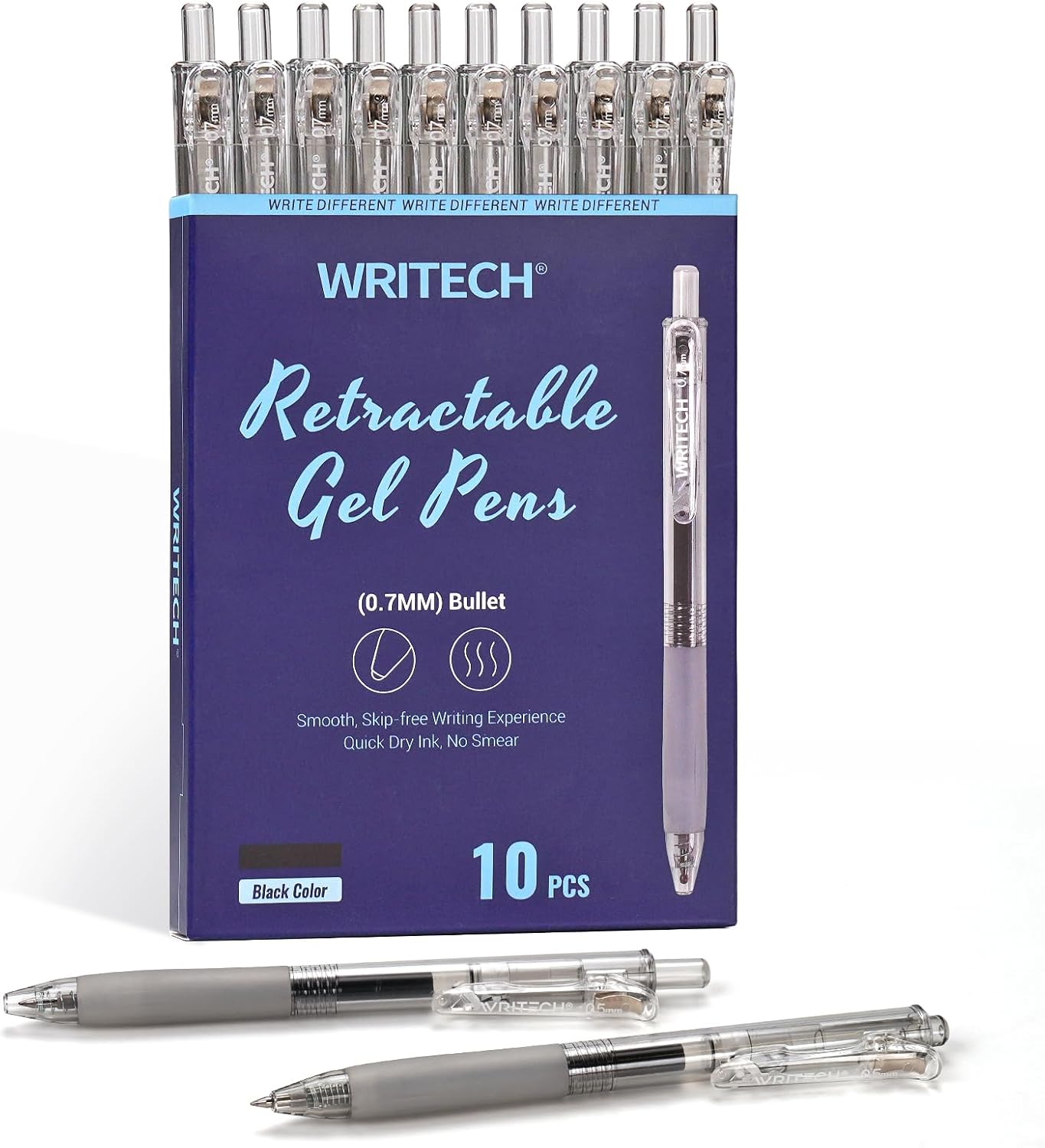 WRITECH Lot de 10 stylos rétractables à encre gel noire - 0,7 mm