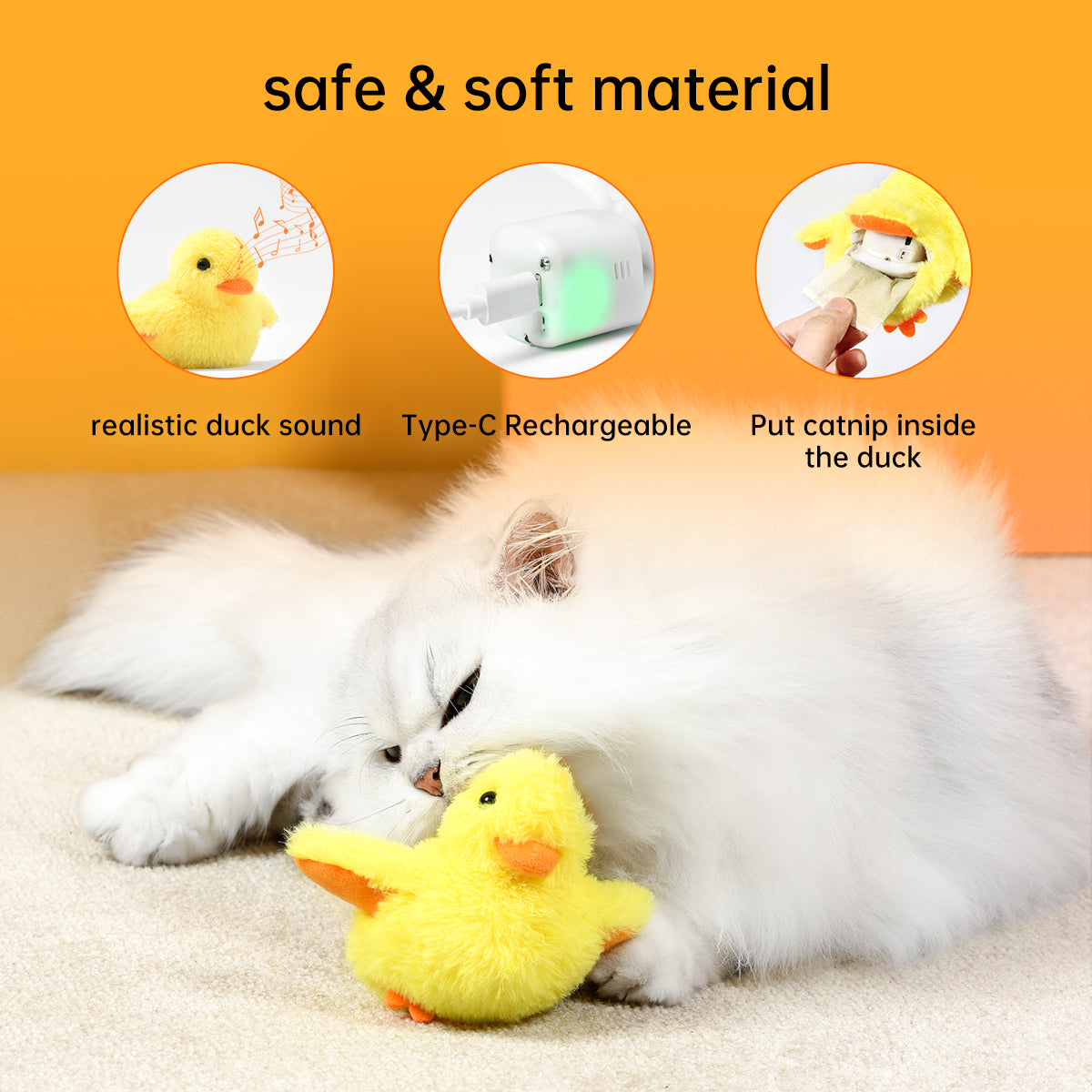 Petgravity Jouet interactif en peluche pour chat, Canard à ailes battantes, Lot de 1, Rechargeable USB-C, Contient de l’herbe à chat, Jouet couineur, Jouet de chasse