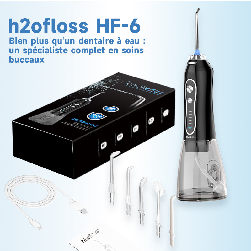 h2ofloss Hydropulseur dentaire portable, batterie 2500 mAh, 140 psi, 5 canules, étanche IPX7, 5 modes, rechargeable par USB - Noir