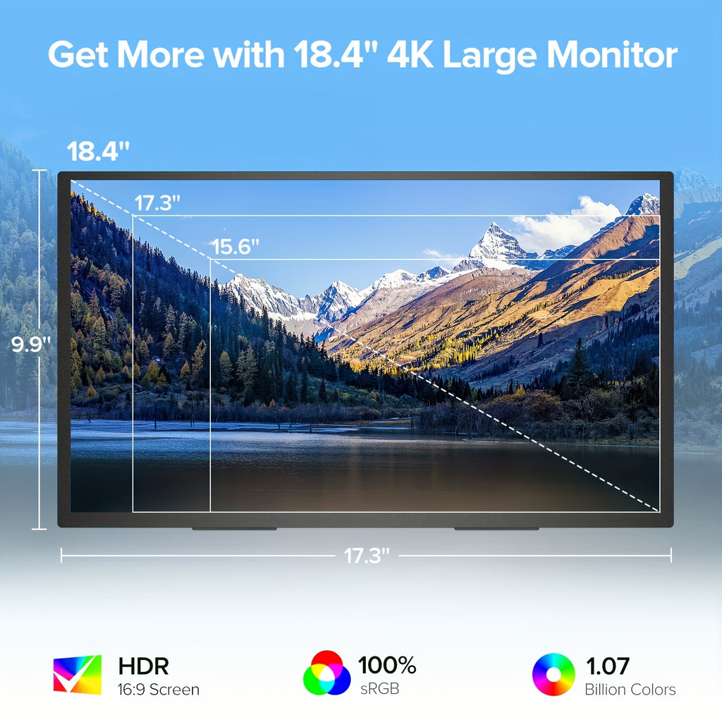 UPERFECT Moniteur portable QLED 4K 18,4 pouces avec écran UHD 3840 x 2160, support intégré, USB-C, Mini-HDMI, pour PC, ordinateur portable, téléphone portable, Xbox, Switch, PS4/5