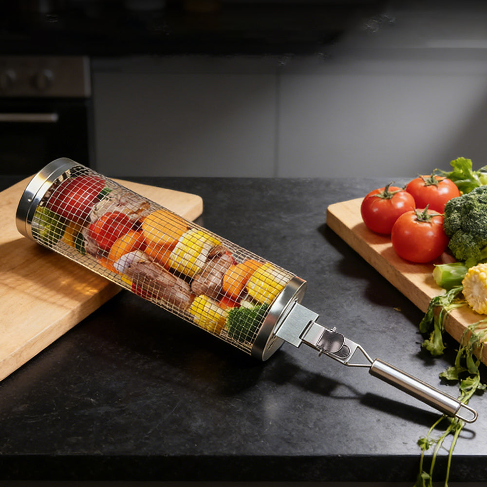 Huacan Panier cylindrique rotatif pour barbecue, grille de barbecue détachable en acier inoxydable, outil de barbecue fumé, portable extérieur 1 pièce