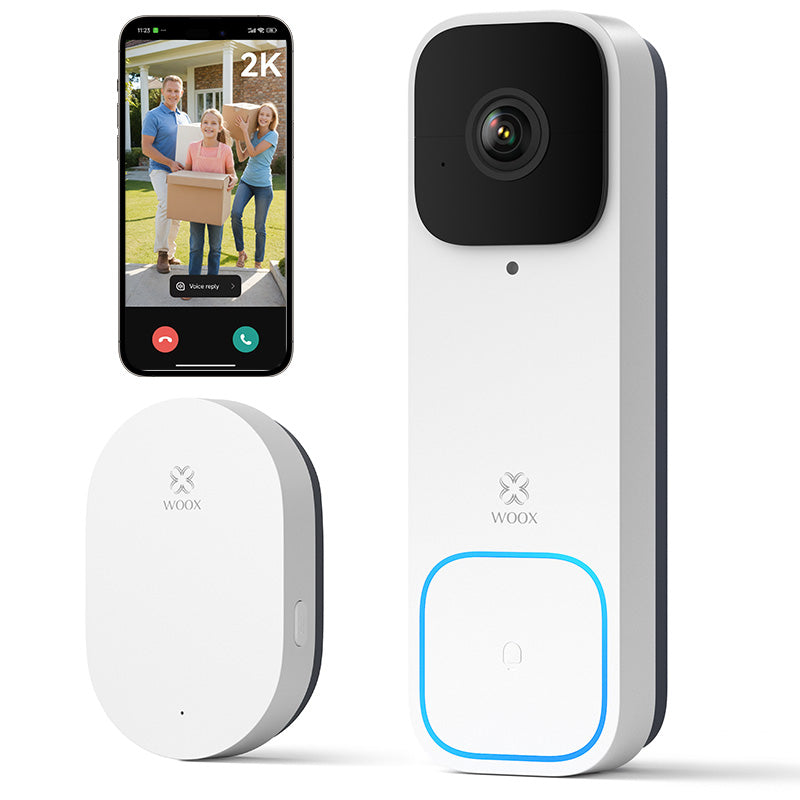 WOOX Sonnette sans fil avec caméra, sonnette vidéo 2K UHD alimentée par batterie 5200 mAh, champ de vision 170°, détection des personnes/colis, vision nocturne, audio bidirectionnel