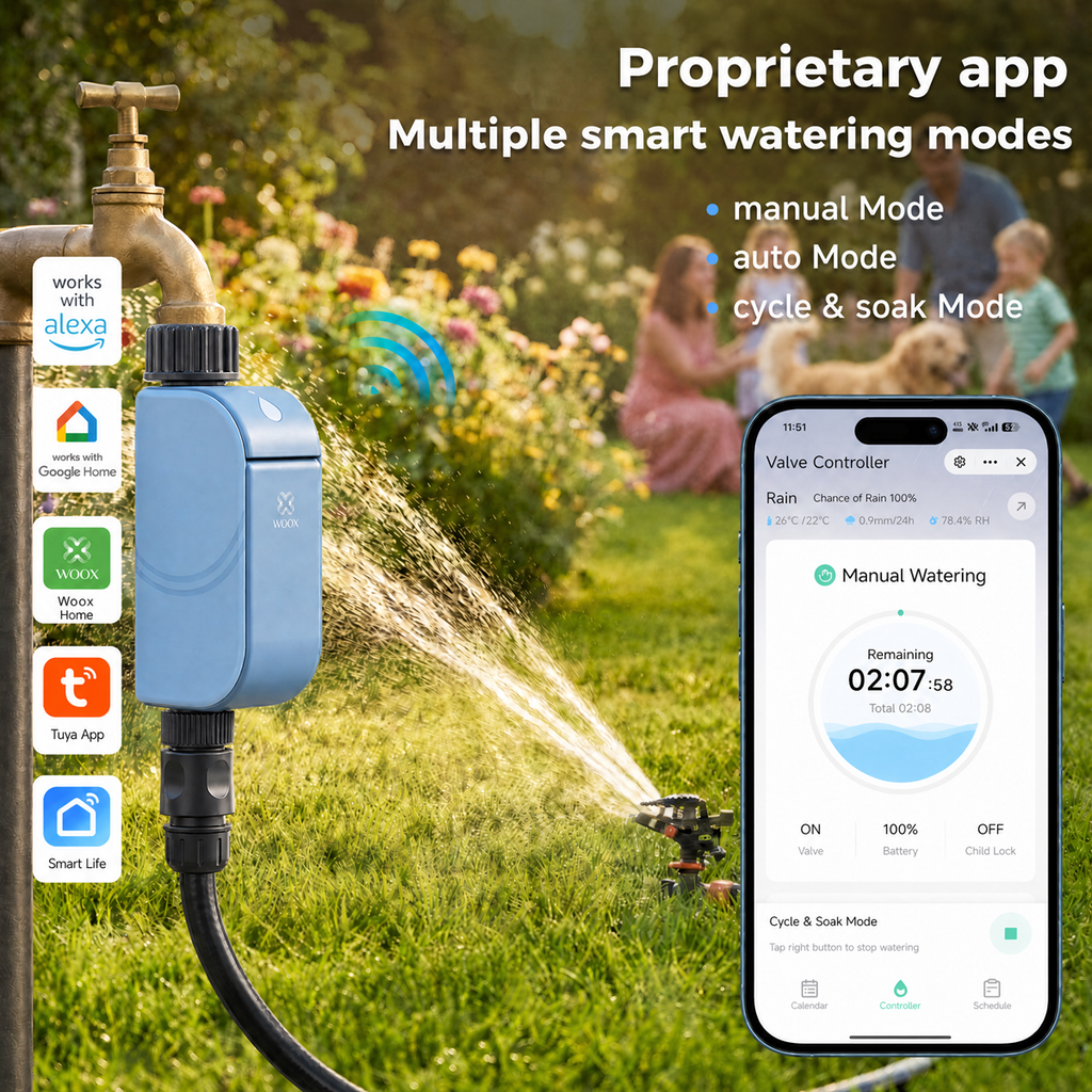 WOOX Minuteur d'arrosage intelligent R2604 Bleu WiFi 6 802.11ax 2,4 GHz BLE 5.4 IP65 Contrôleur d'irrigation extérieur pour jardin Valve à solénoïde bistable Piles 4xAA Autonomie de