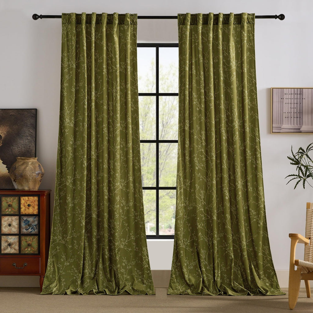 PONY DANCE Rideaux en Velours Imprimé Floral à Lanières Arrière Isolants Thermiques Draperies de Fenêtre Filtrantes pour Chambre/Salon, 2 Panneaux, l 127 x L 220 cm, Vert Olive