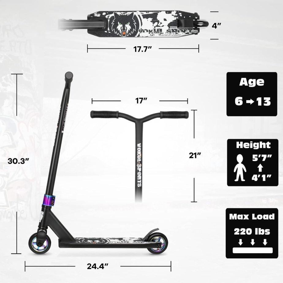 VOKUL Pro Trottinette acrobatique légère en aluminium, Débutant, 6 ans et plus, BMX style libre, Noir