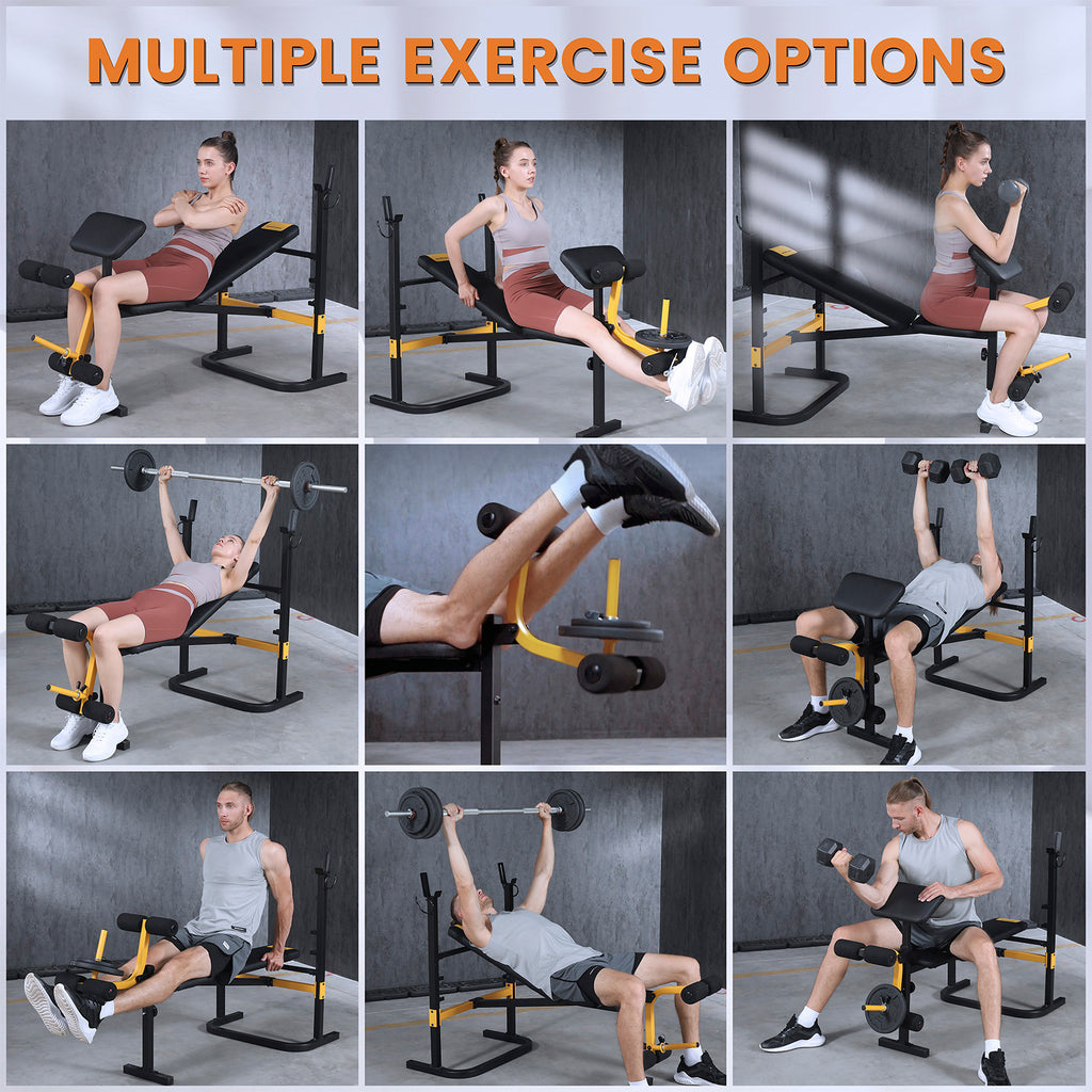 SPORTSOUL Banc d'haltérophilie réglable avec développateur de jambes et rangement pliable, convient aux barres de 6' et 7', équipement de gym pour la maison et le commercial