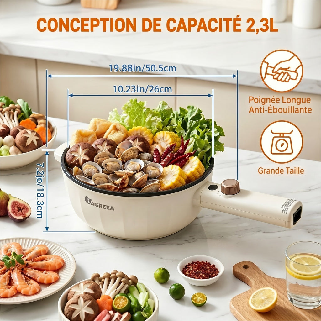 IAGREEA Cuiseur à ramen rapide amélioré, marmite électrique multifonction 2,3 L 1600 W, sauteuse antiadhésive avec réglage de puissance pour steak, œuf, riz frit, flocons d’avoine