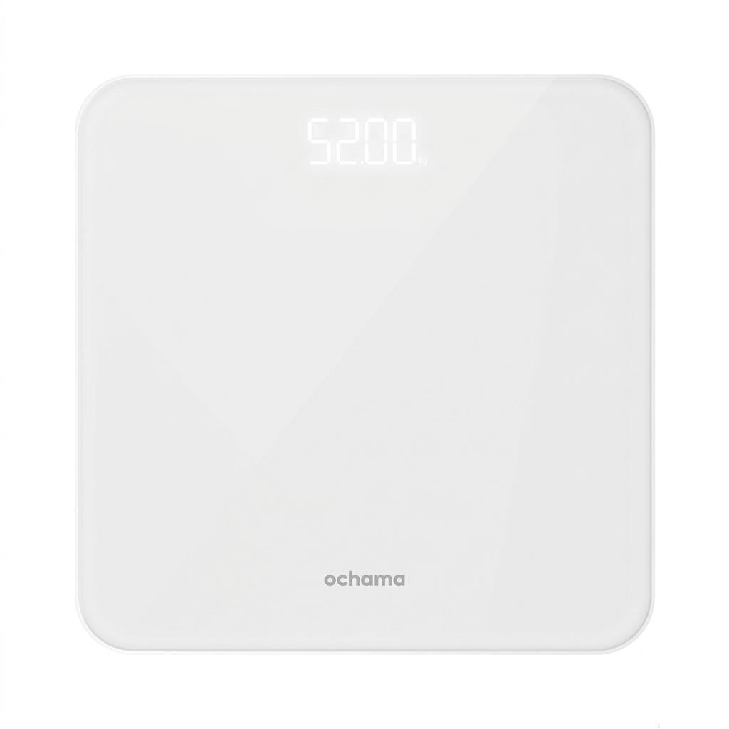 Ochama Pèse-personne numérique intelligent - Haute précision, Verre trempé, Écran LED à contraste élevé, 2 piles AAA incluses, 260 x 260 x 24 mm, 5-180 kg