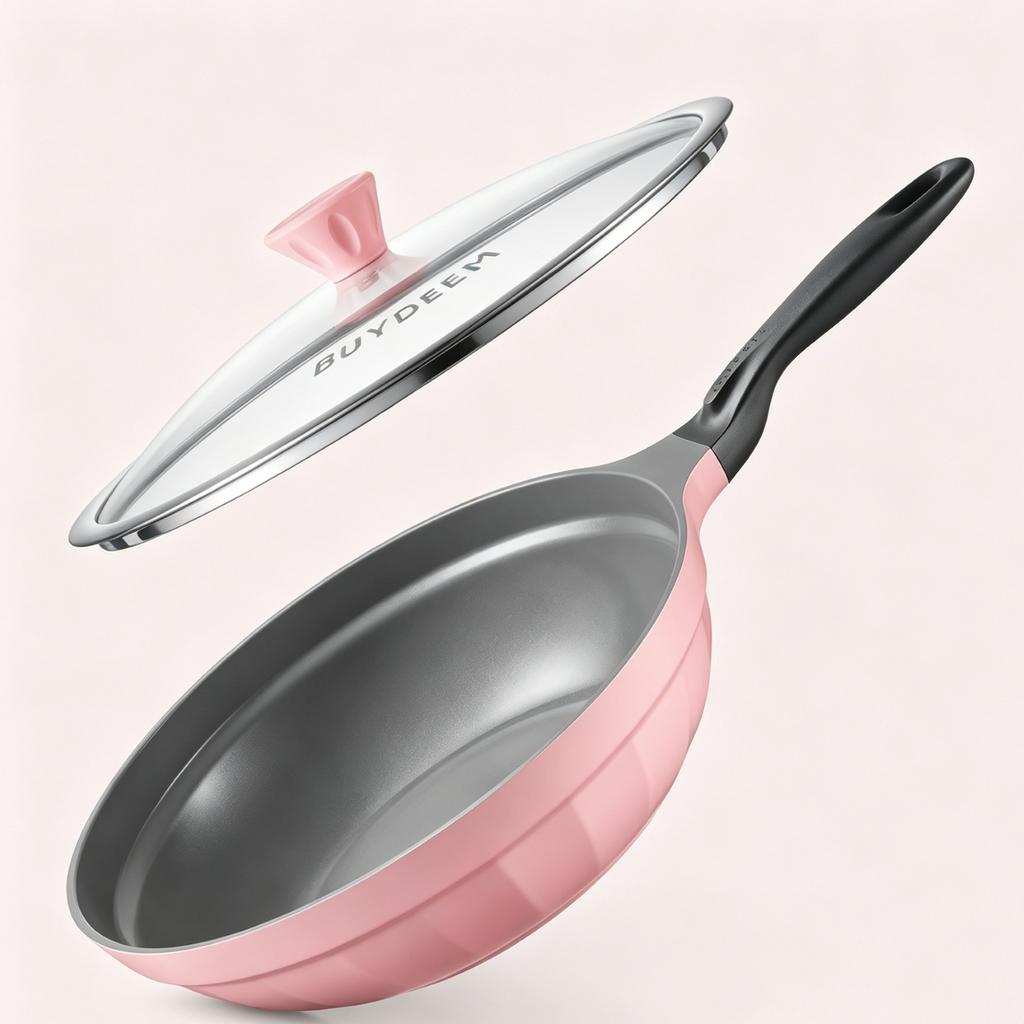 BUYDEEM Poêle en fonte d’aluminium antiadhésive, poêle à lait avec couvercle en verre, chauffe rapide et uniforme, compatible tous feux, sans PFOA/PFAS, manche froid, série Cheflite