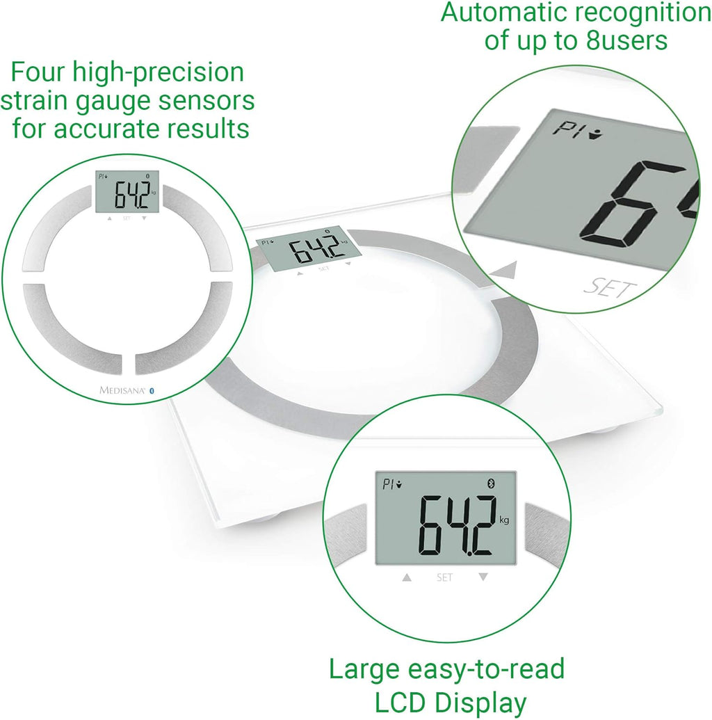Medisana BS 444 Balance Connectée Impédancemètre jusqu'à 180 kg, Bluetooth, BMI/Muscle/Graisse Corporelle/Masse Osseuse avec l'application Vitadock+, Blanc
