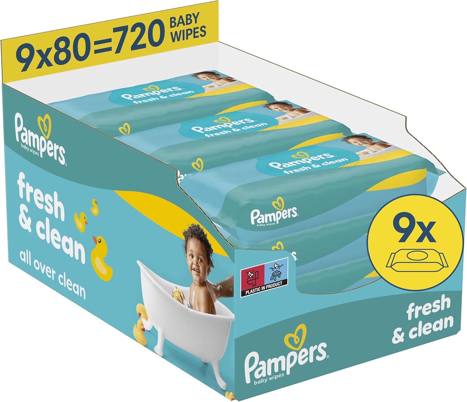 Pampers Fresh Clean Lingettes pour bébé, 9 paquets de 80 lingettes = 720 lingettes pour bébé, Nettoyage complet