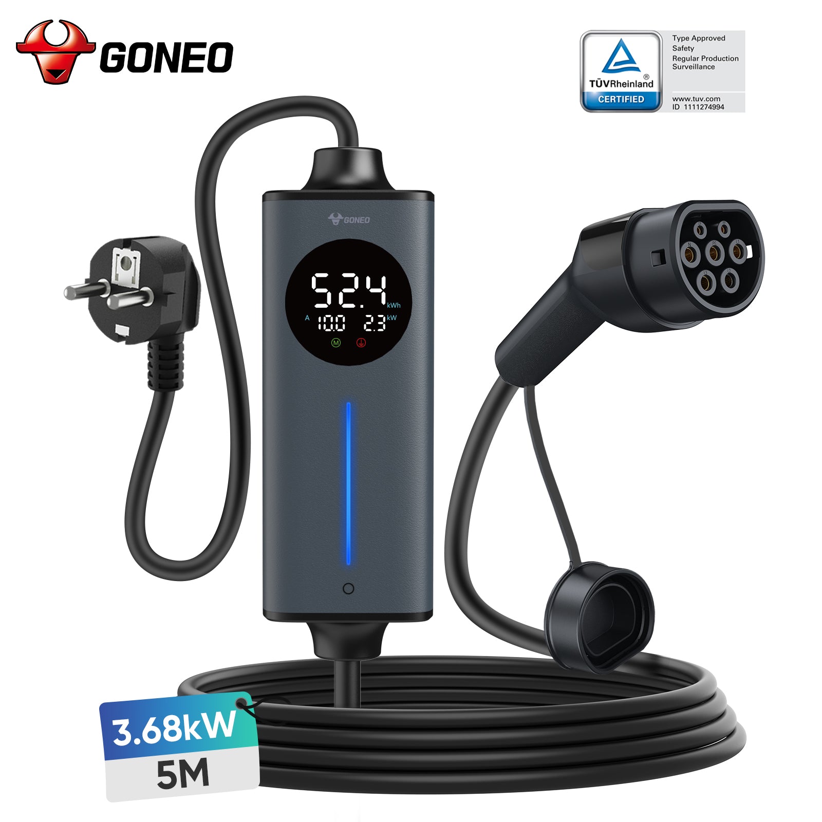 GONEO Type 2 Chargeur EV portable fiche Schuko 16A 3.68kW avec protection RCD 30mA+6mA DC, minuterie et économie d’énergie, sécurité totale, Plug & Play