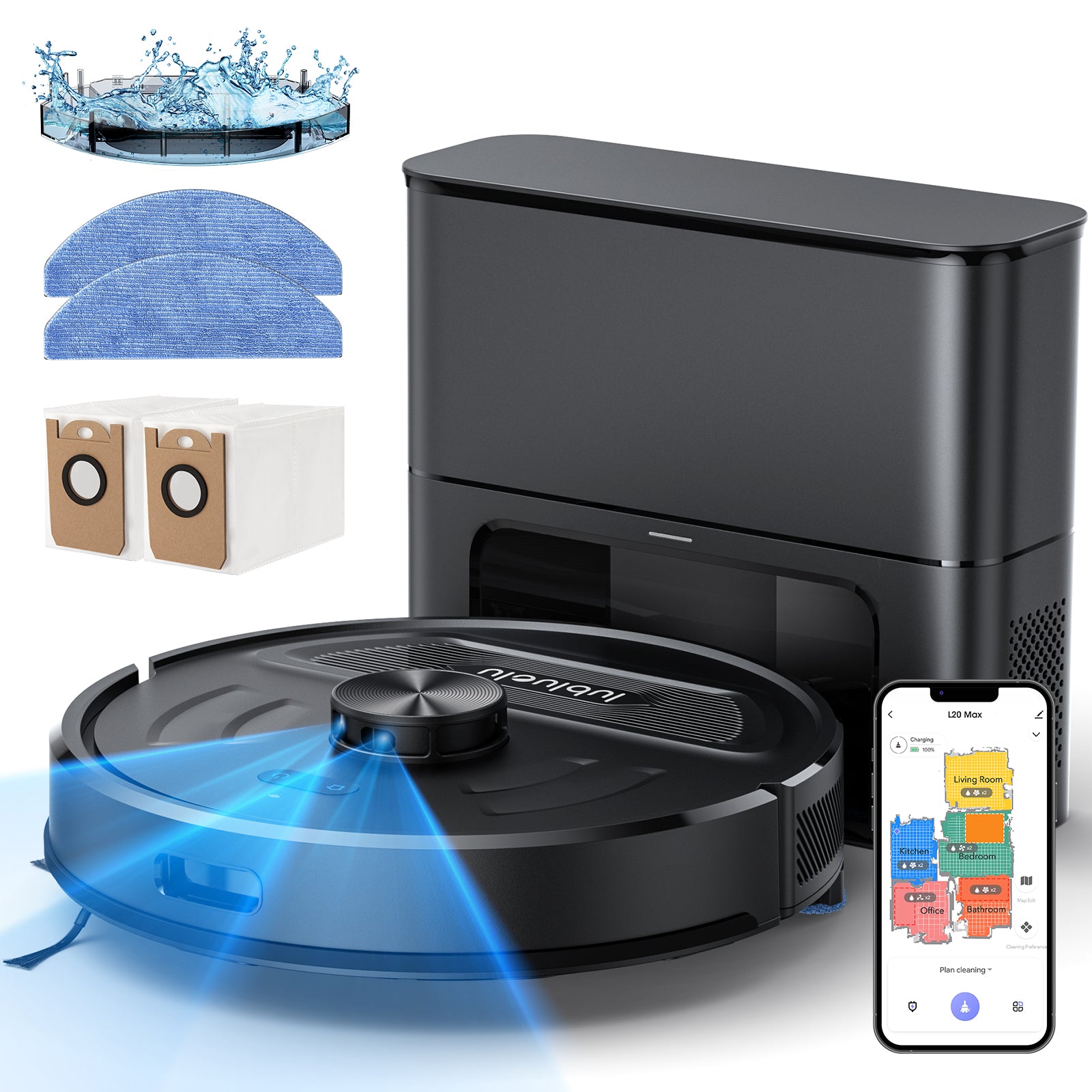 Lubluelu L20 MAX Robot aspirateur-laveur 3-en-1 avec station d’auto-vidage, Aspiration 4000 Pa, Navigation laser avec mémorisation de 5 cartes, Silencieux 55 dB