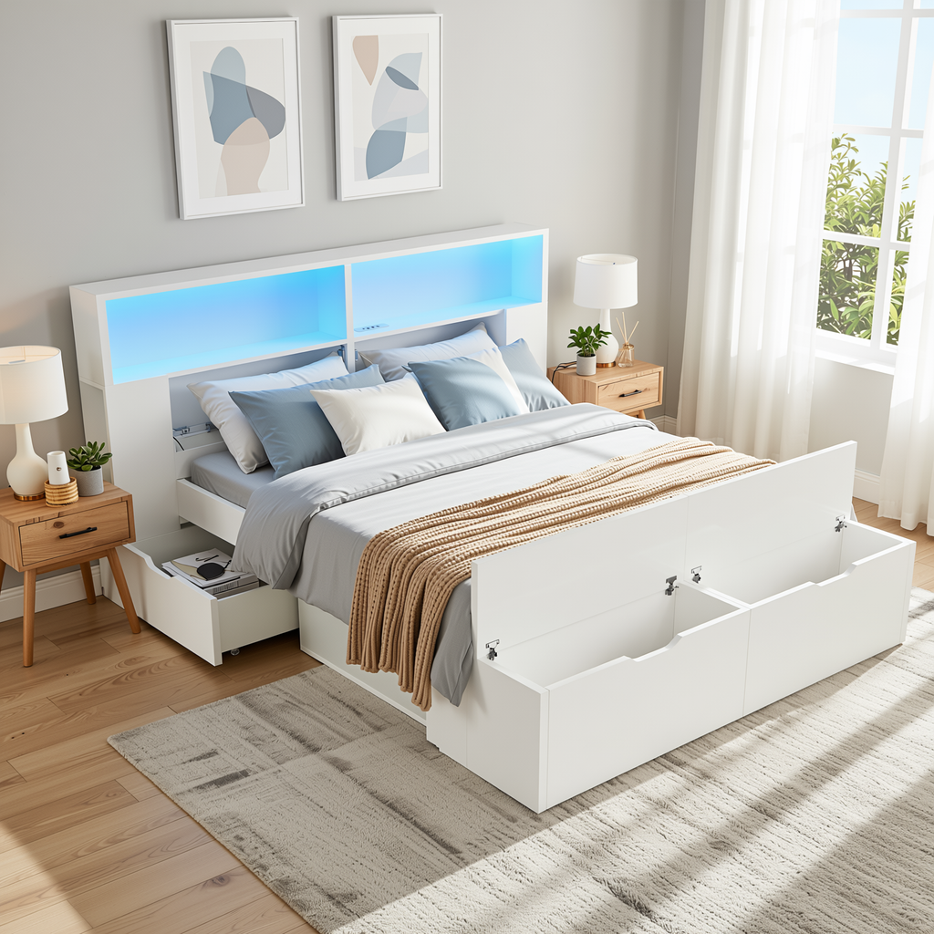 URBAN MEUBLE Lit double 140 x 200 cm blanc avec rangement, éclairage LED, prises USB, tiroirs, banc, étagères, sommier à lattes pour chambre d'adolescent