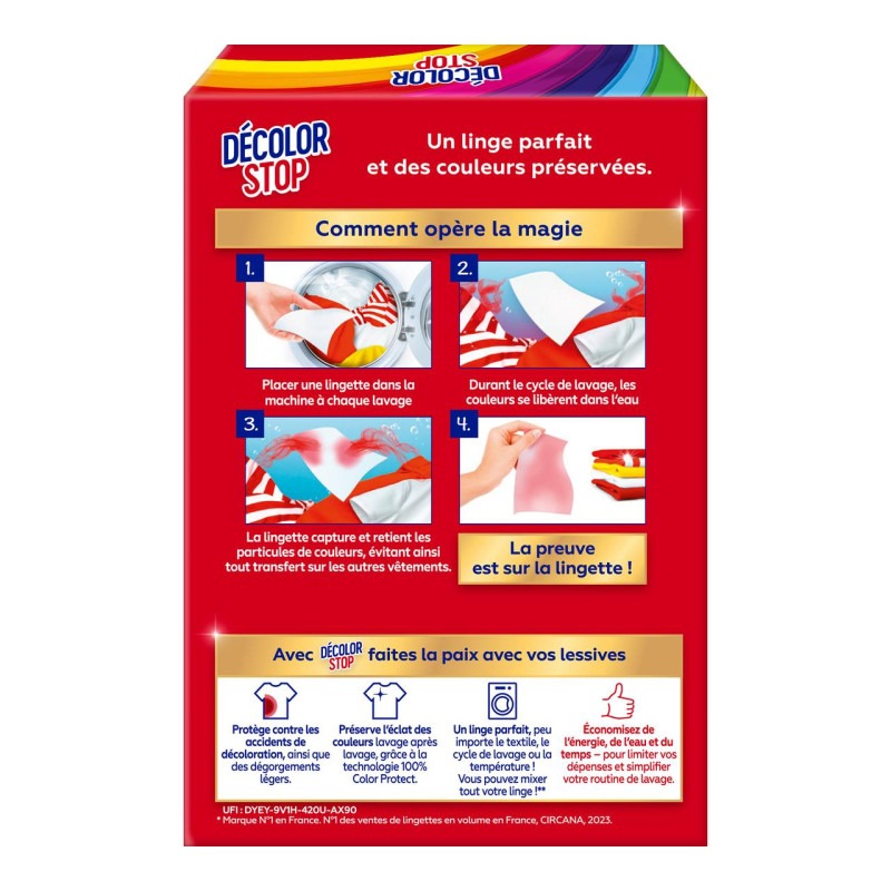 Décolor Stop Lingettes de Protection des Couleurs, Anti-Transfert de Teinture, 22 Lingettes