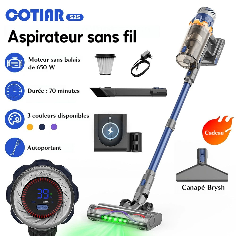 COTIAR S25 aspirateur à main sans fil, 650 W, 60 kPa, forte puissance d’aspiration, autonomie 70 min, batterie amovible, bleu