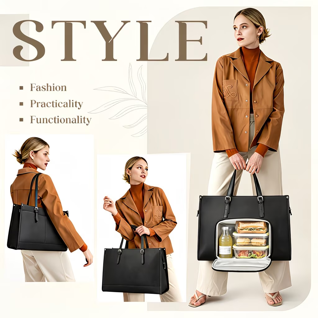 Sac cabas pour ordinateur portable avec compartiment déjeuner isotherme, sacoche en cuir synthétique polyuréthane 15,6 pouces avec poche étanche pour boîte à déjeuner pour femme
