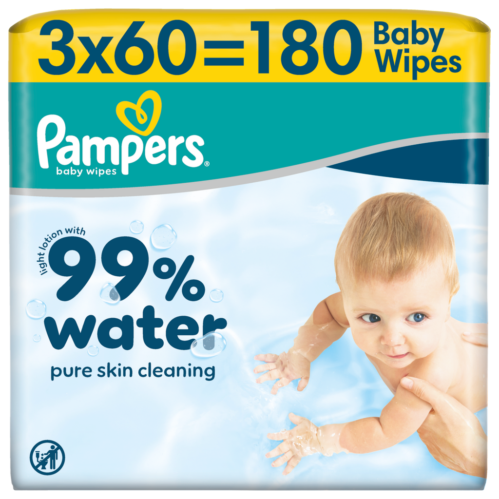 Pampers 99% D'Eau Lingettes Pour Bébé, 3 Paquets De 60 Lingettes = 180 Lingettes, Lotion Douce Avec 99% D’Eau