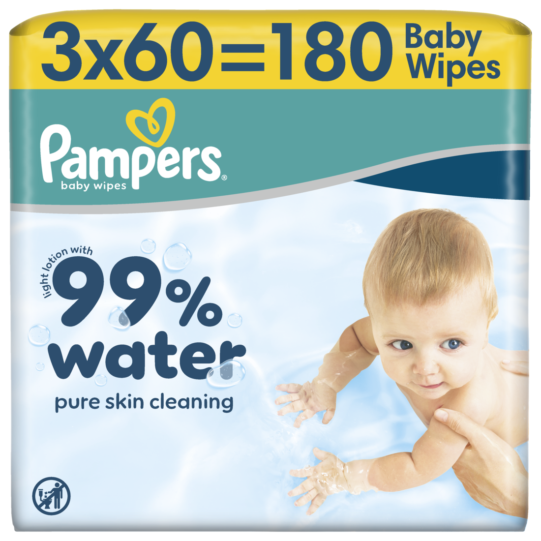 Pampers 99% D'Eau Lingettes Pour Bébé, 3 Paquets De 60 Lingettes = 180 Lingettes, Lotion Douce Avec 99% D’Eau