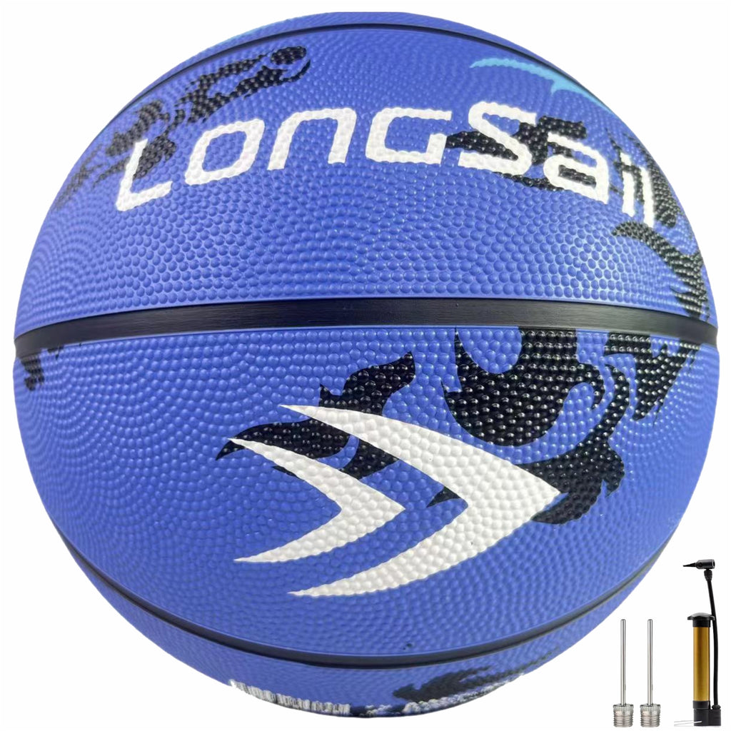 LONGSAIL Ballon de basket en caoutchouc de haute qualité 27,5 po Taille 5 Bleu ciel/Motif noir/Motif bleu clair