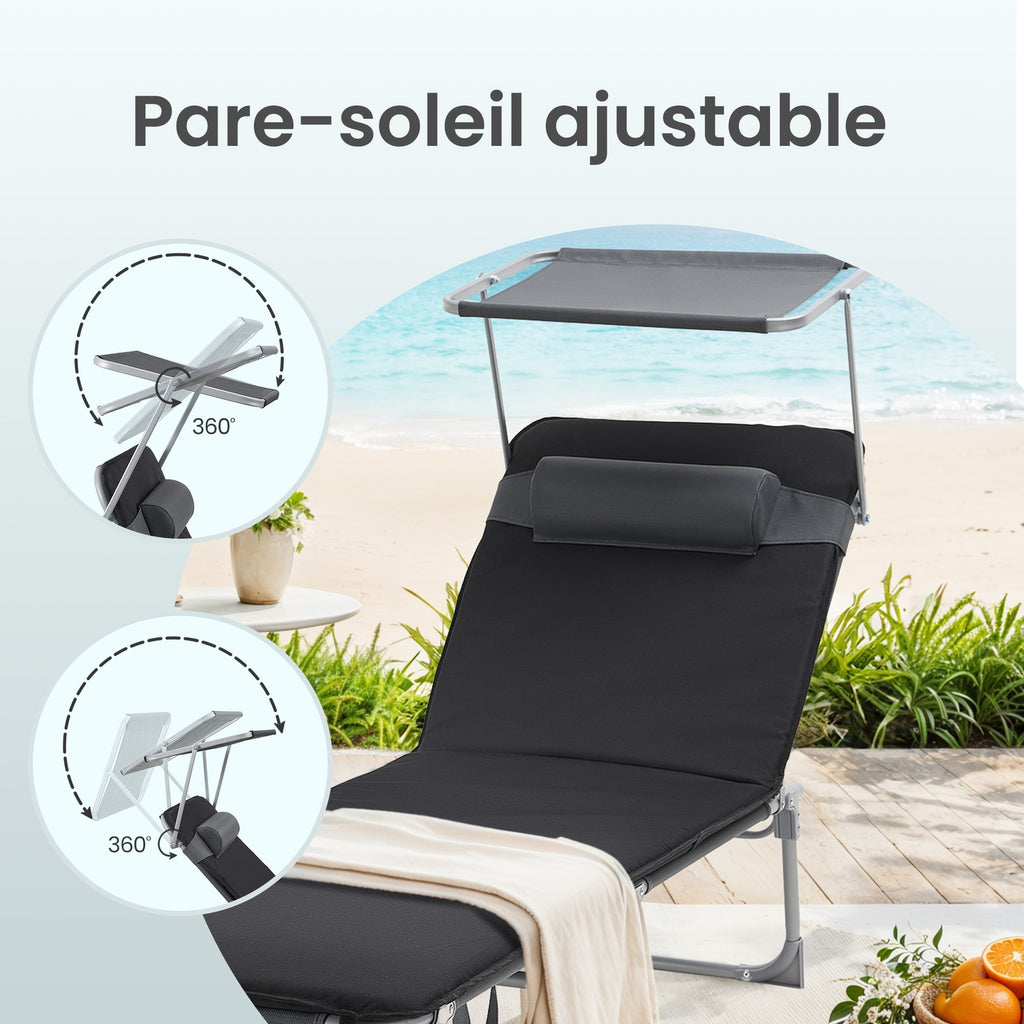 Ochama Chaise Longue de Jardin Pliante avec Dossier Réglable, Transat Extérieur, Appui-tête, Terrasse, Gris et Noir