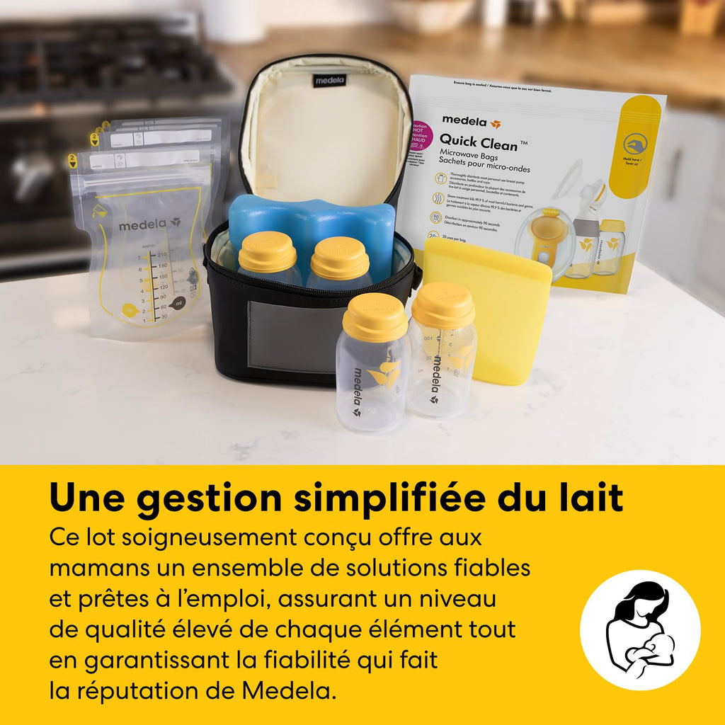 MEDELA Kit conservation lait maternel tout-en-un - 4 Biberons 150 ml, 4 Sachets Easy Pour, 1 Sachet réutilisable, 1 Sachet Micro-ondes Quick Clean et Sac isotherme avec bloc réfrigérant