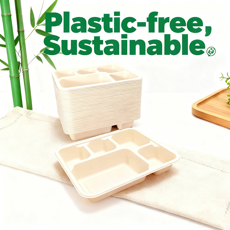 Rui bamboo Plateau jetable en fibre de bambou 43oz à 5 compartiments - Lot de 50