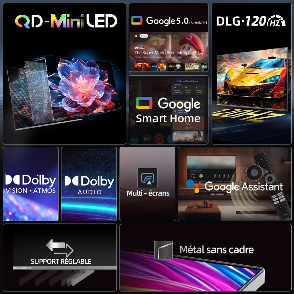 CHiQ M55QN9E 55" 4K UHD Mini LED QLED TV | 100 Zones Local Dimming | Dolby Atmos/Vision | DLG 120 Hz + MEMC | Google TV (Android 14)