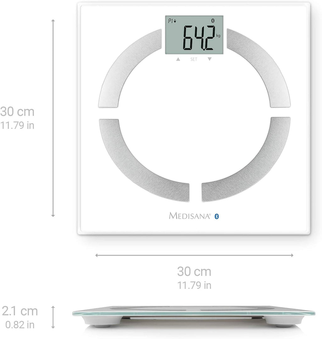 Medisana BS 444 Balance Connectée Impédancemètre jusqu'à 180 kg, Bluetooth, BMI/Muscle/Graisse Corporelle/Masse Osseuse avec l'application Vitadock+, Blanc
