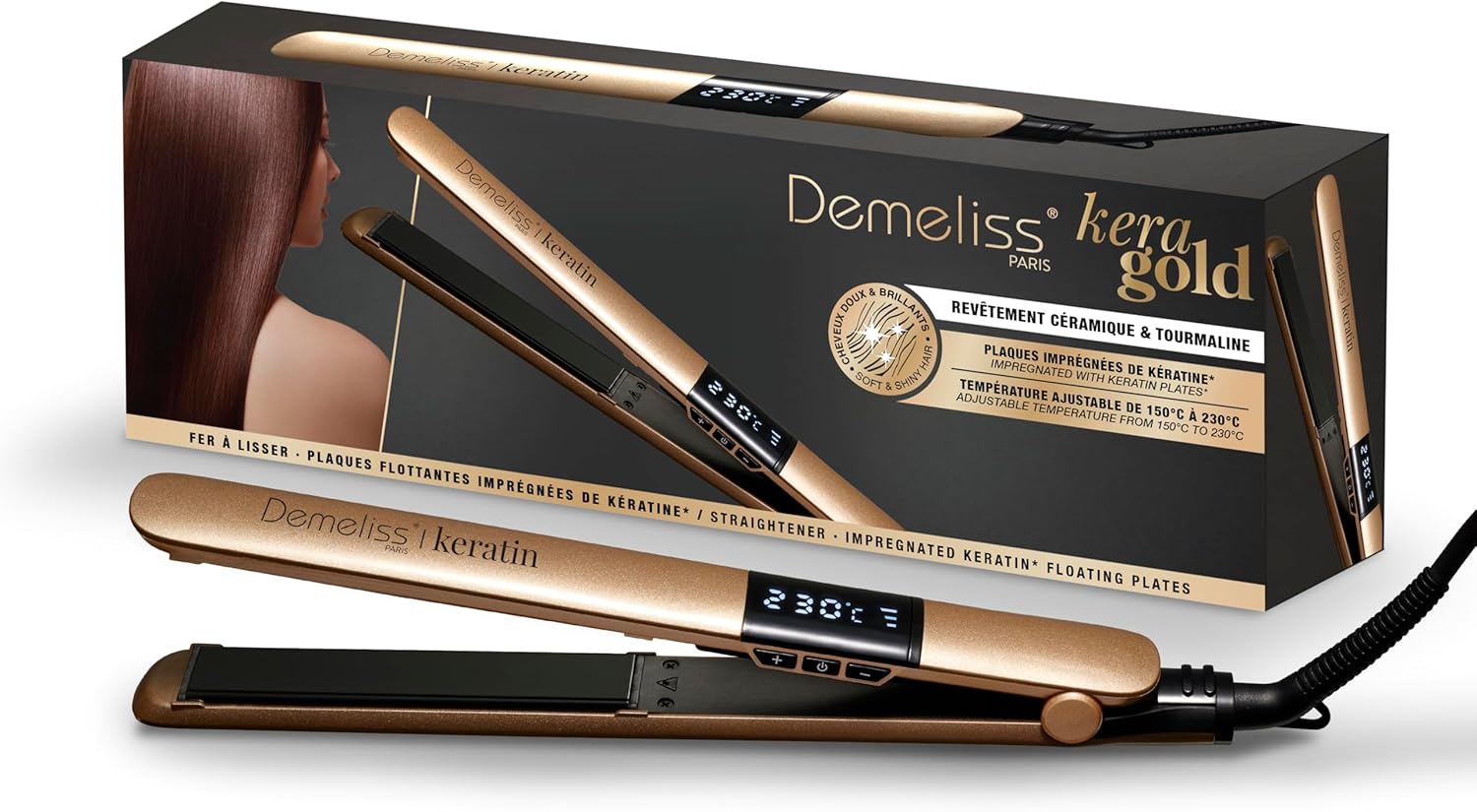 Saint Algue Demeliss KeraGOLD Lisseur 2-en-1 - Lisse et boucle - Plaques infusées de kératine - Température 150 à 230 °C - Affichage numérique - Câble pivotant à 360° - Or