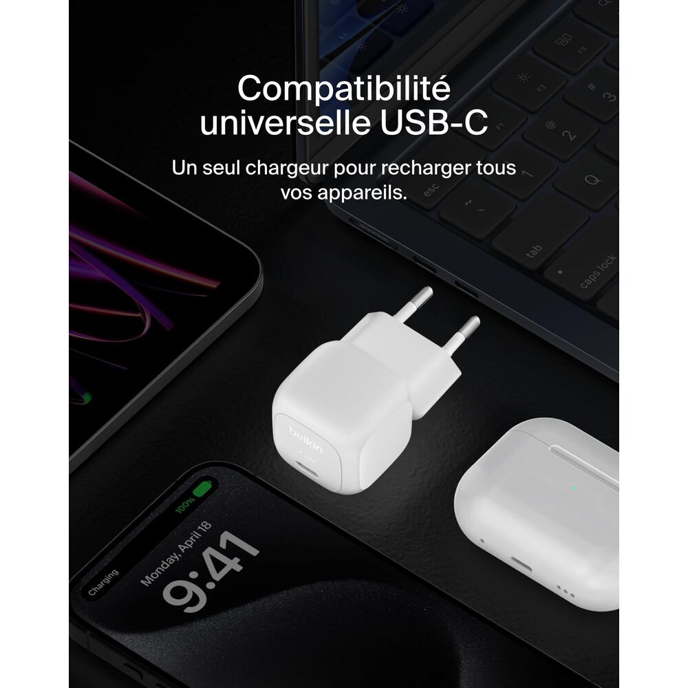 Belkin 20 W USB-C Power Delivery Chargeur Secteur pour Téléphones Portables, Inclus un Câble USB-C vers USB-C de 1 mètre, Blanc