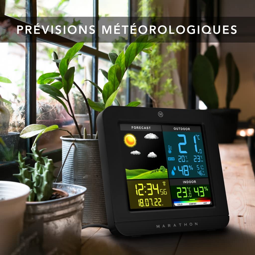 Marathon Berlin-Station Météo Couleur Intérieure sans fil avec Capteur Extérieur-Prévisions Météo-Température Et Taux D’humidité Int Et Ext-Affichage des Min-Max de La Journée-Heure Radio-Piloté