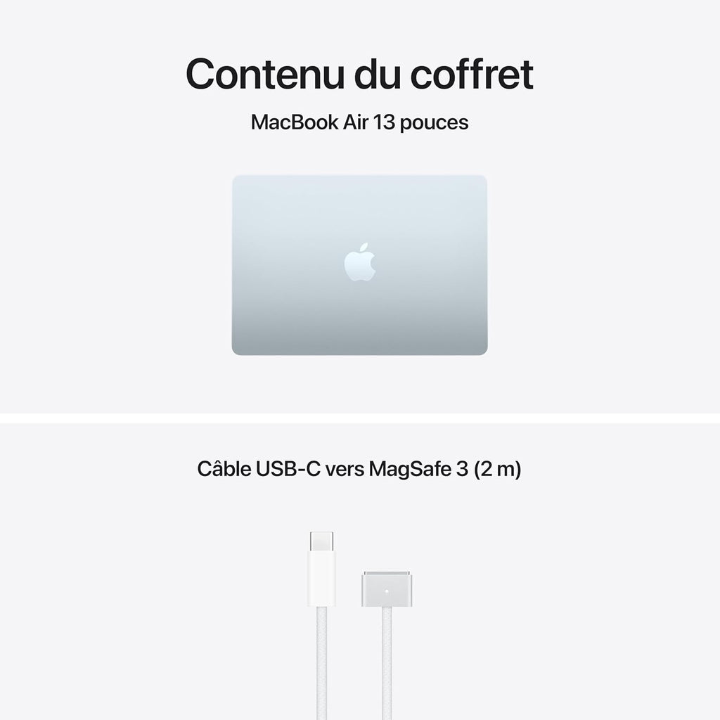 Apple MacBook Air 15 pouces Puce M5 Processeur 10 cœurs Processeur graphique 10 cœurs Mémoire vive 24 Go SSD 1 To Bleu ciel, AZERTY