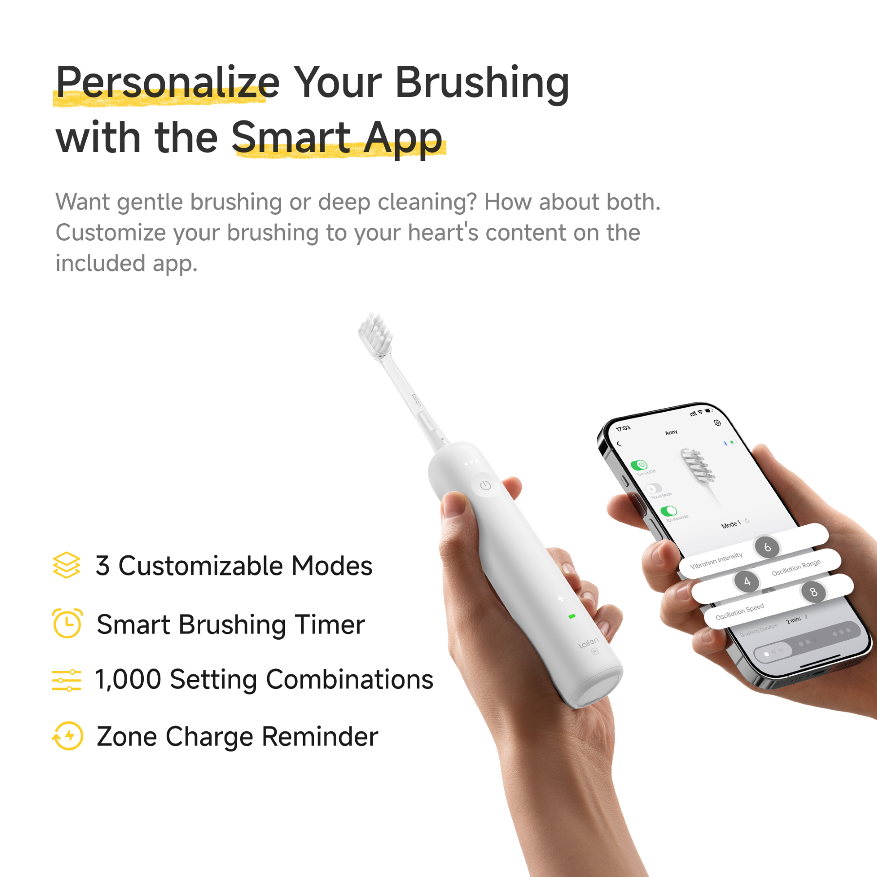 Laifen Wave SE Brosse à dents électrique, Brosse à dents sonique intelligente avec contrôle par application, Oscillation à 60°, 3 modes personnalisables, Batterie de 50 jours
