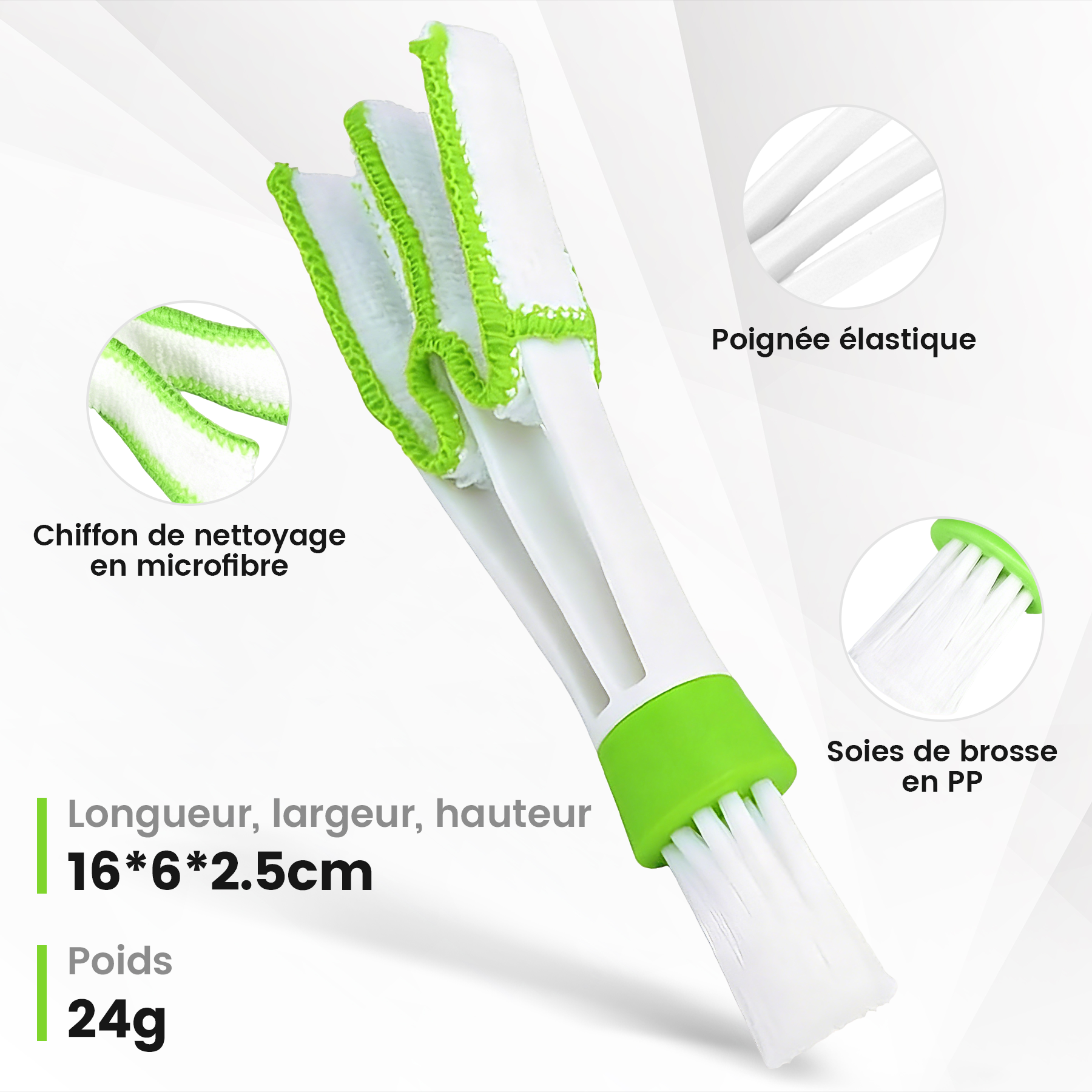 Brosse de nettoyage de grille d’aération verte, Brosse de climatisation auto avec microfibre, Détachable et lavable, Brosse multifonction pour intérieur de voiture, clavier et stores, 1 pièce