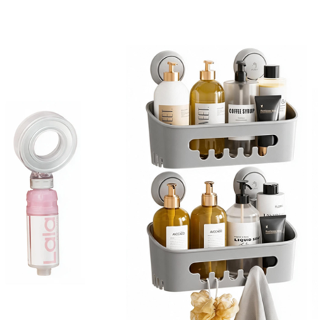 [Kit de mise à niveau de douche] Tête de douche filtrante Lalapercare Space Ring à l'extrait de plante de rose de Damas - Augmentation de la pression, élimination du chlore + ventouse de support de douche TAILI, organisateur de salle de bain ultra-ré