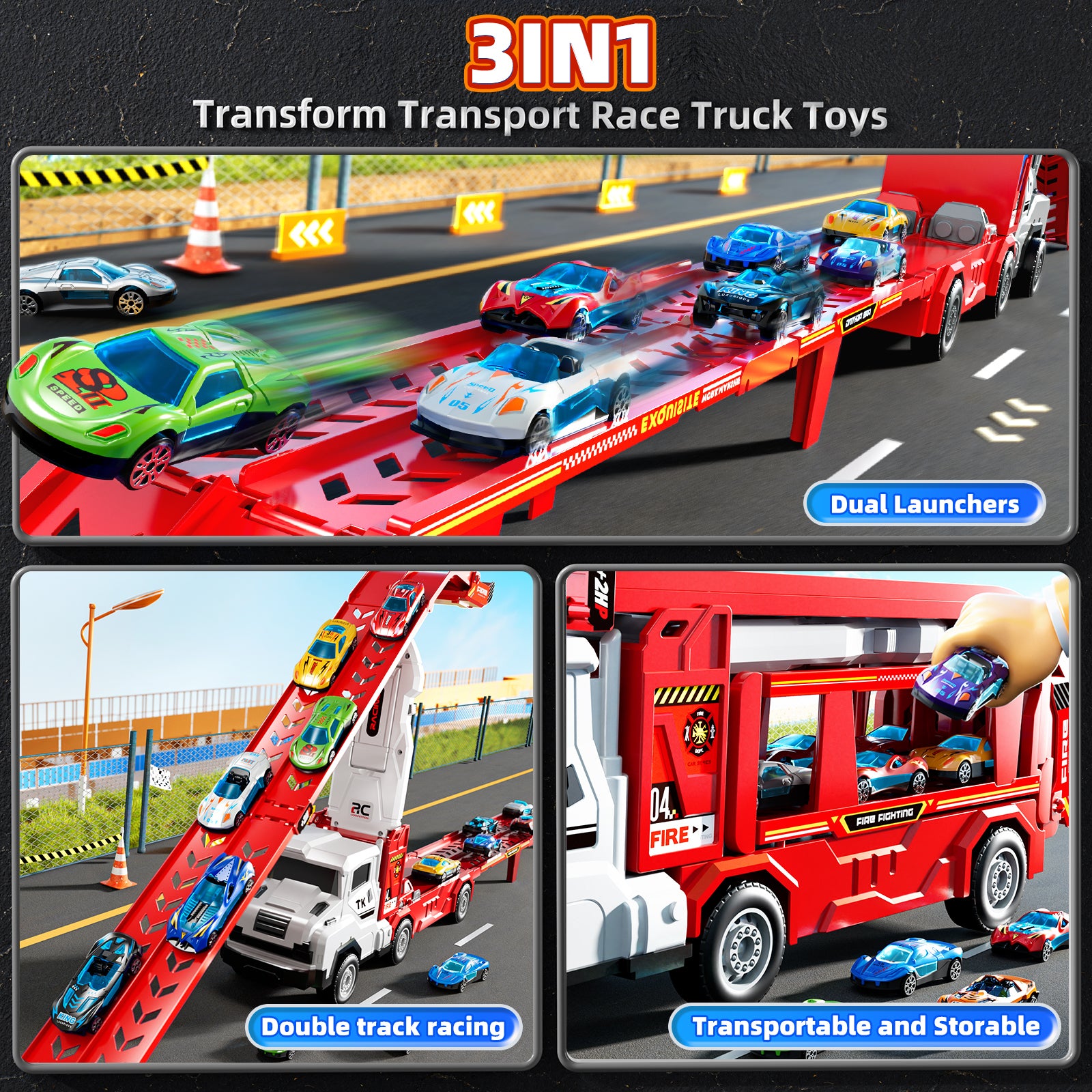 Jouet camion de transport TEMI avec 12 voitures en métal moulé sous pression, support de circuit de course pliable pour enfants