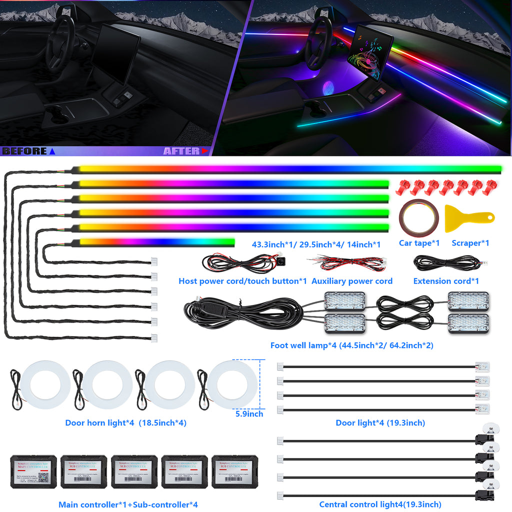 Dream+color Kit d'éclairage 593 LED pour intérieur de voiture en acrylique avec application sans fil, 22-en-1 - 444,5 cm