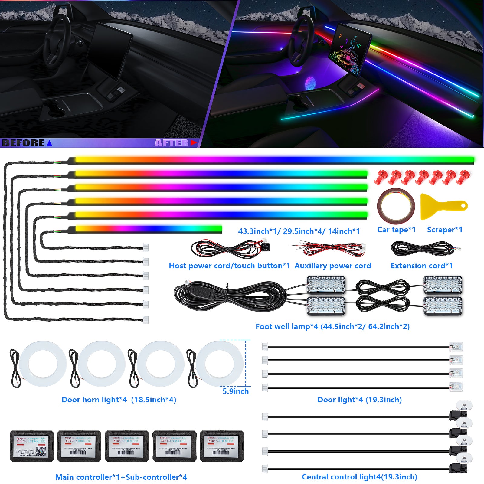 Dream+color Kit d'éclairage 593 LED pour intérieur de voiture en acrylique avec application sans fil, 22-en-1 - 444,5 cm