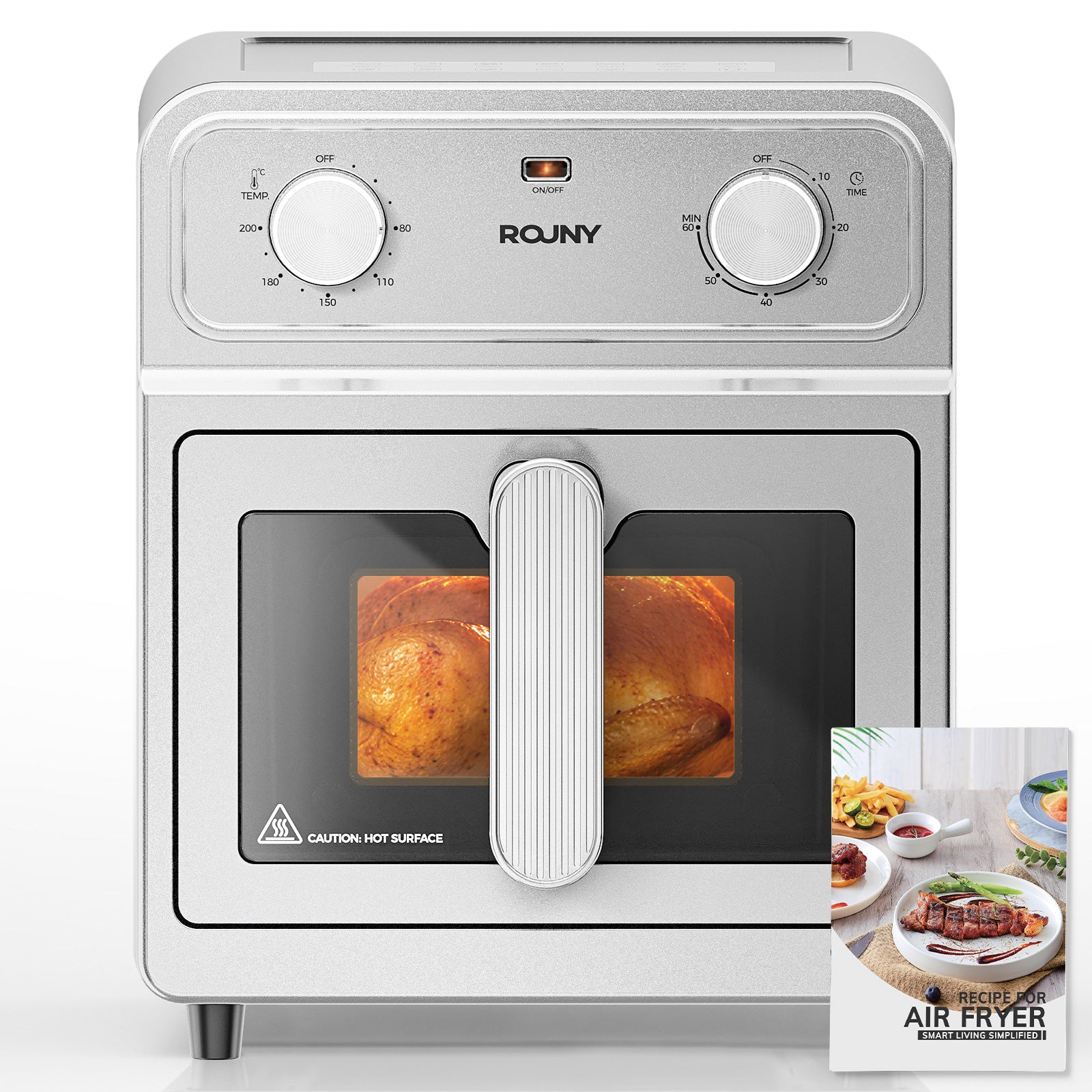 ROUNY Friteuse sans huile 6,5 L, friteuse entièrement en acier inoxydable avec hublot de visualisation, commande par molette classique, cuisson sans rotation