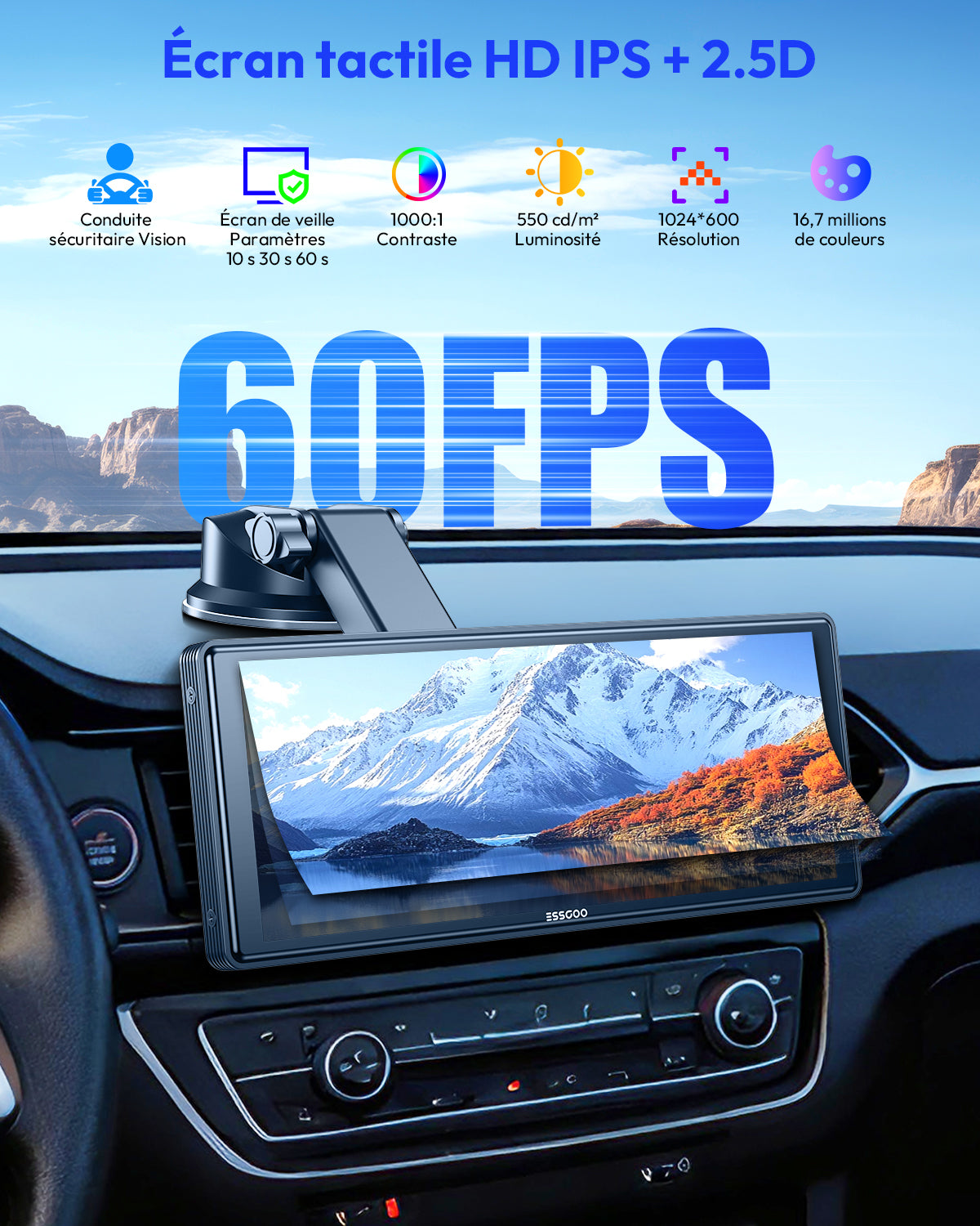 ESSGOO 10,26 Pouces Écran CarPlay HD Portable, CarPlay Sans Fil & Android Auto & Mirror Link, Mise à jour OTA, Navigation GPS, Musique, Commande Vocale, Logo de démarrage personnalisé