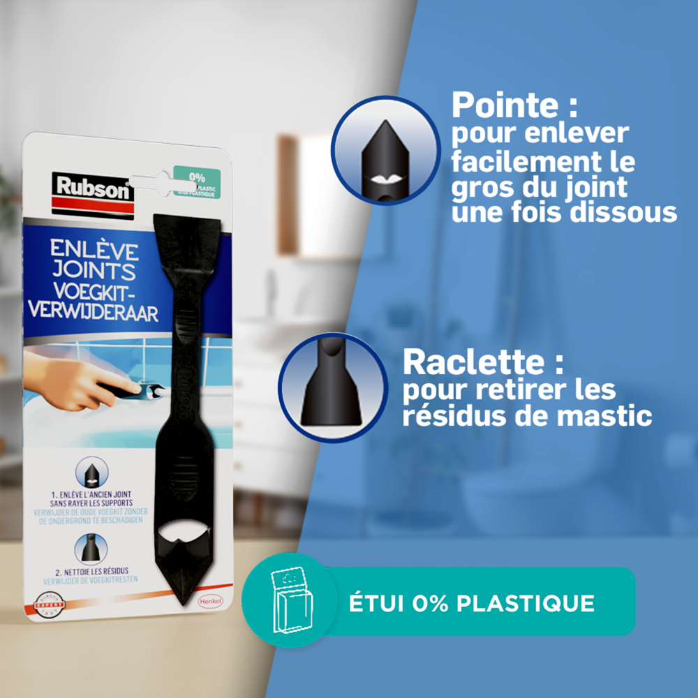 Henkel Rubson | Enlève Joints à double embout – Outil pour enlever l'ancien joint sans rayer les supports – Raclette de finition pour nettoyer les résidus