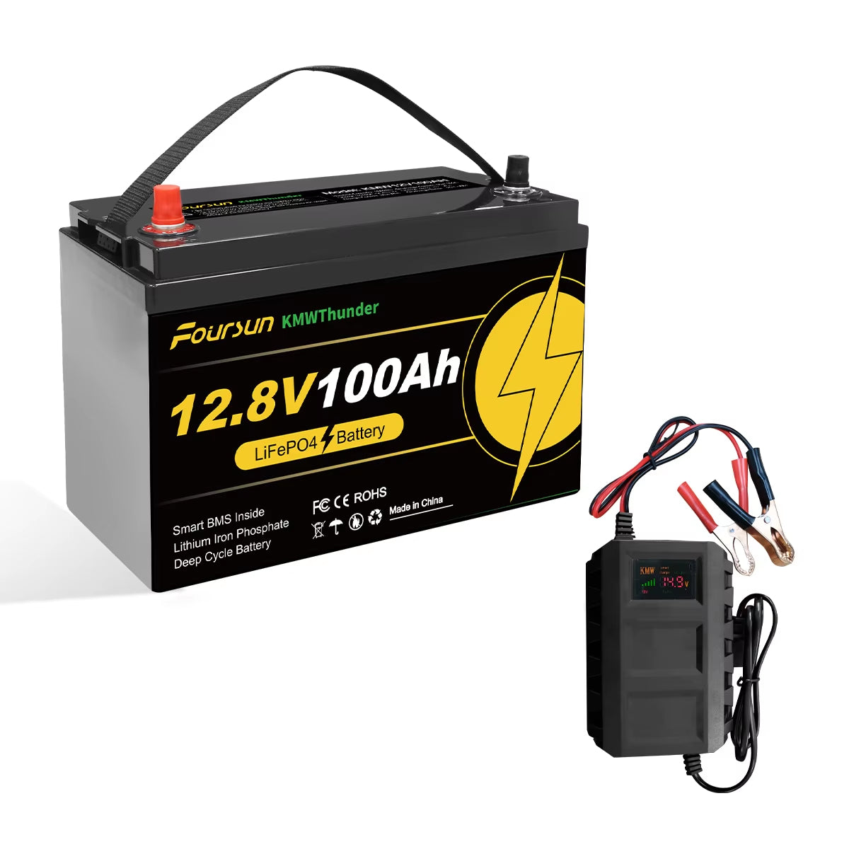 Foursun Batterie LiFePO4 12 V 100 Ah avec protection BMS à basse température, avec chargeur, plus de 4500 cycles pour camping-car/solaire/camping