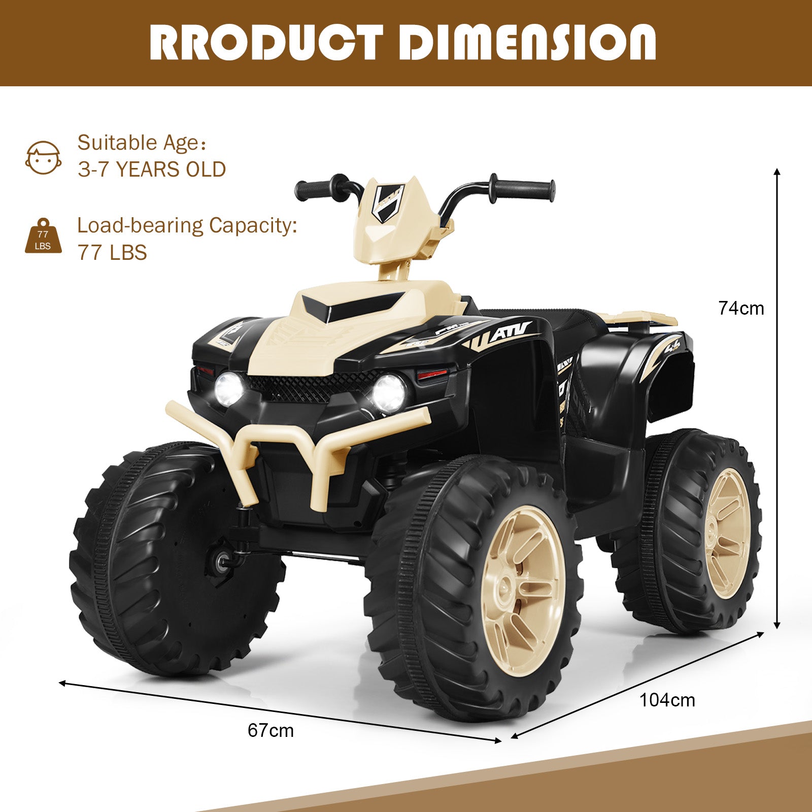 Costway Quad électrique pour enfants 12 V, avec musique et lumières LED, alimenté par batterie, siège confortable, 104 × 67 × 74 cm, Jaune terre