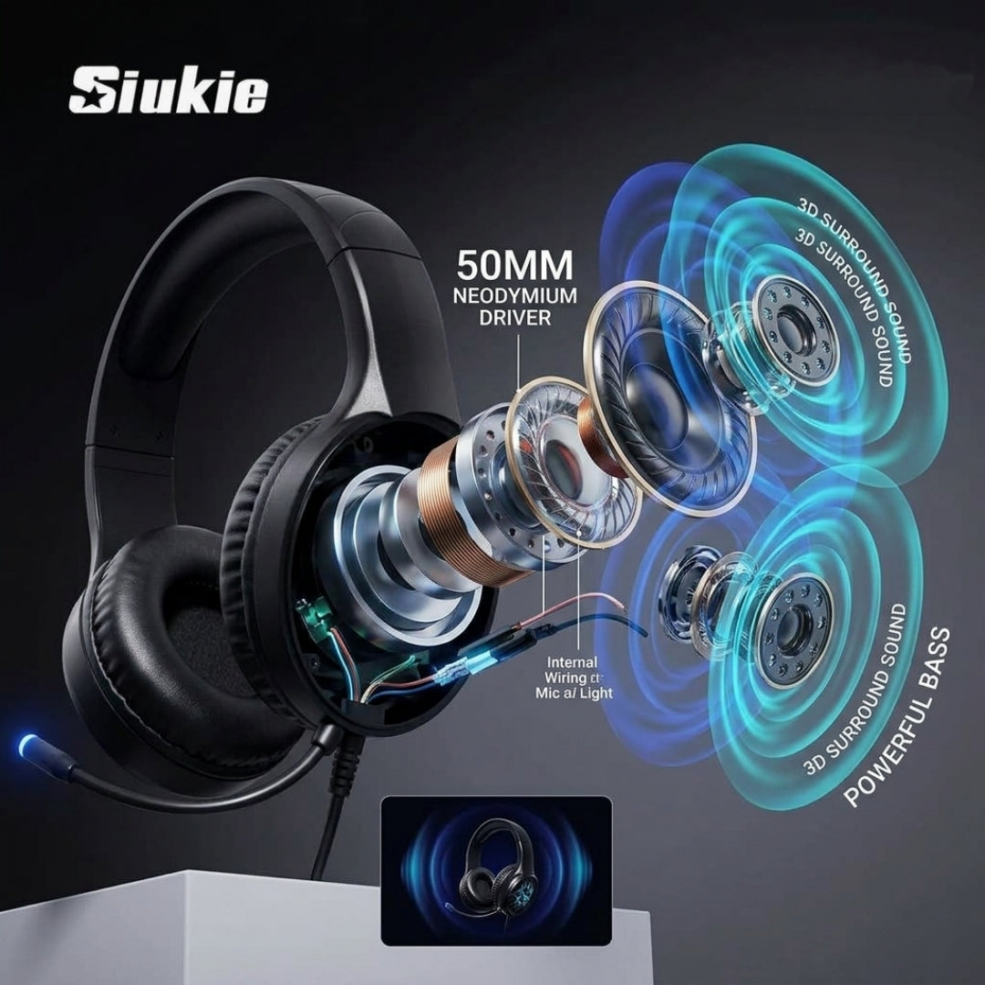 Siukie CH25 Casque de jeu avec micro antibruit, casque circum-auriculaire filaire à transducteurs 50 mm avec USB et jack 3,5 mm, rétroéclairage LED Bleu, son stéréo enveloppant