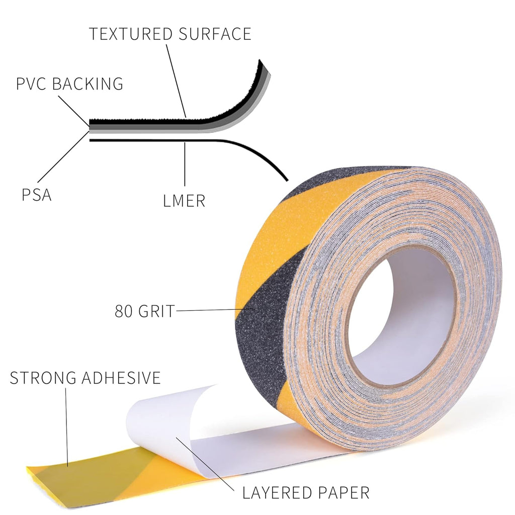 TAPEBEAR Ruban de sécurité 2 po x 60 pi Noir/Jaune Ruban adhésif antidérapant pour marches et escaliers intérieurs et extérieurs Étanche Forte adhérence Compatible avec plastique