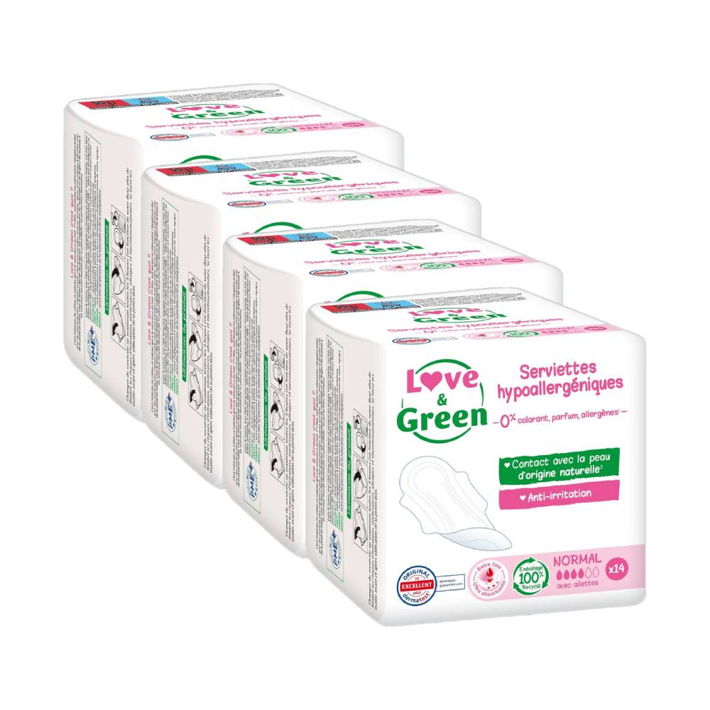 LOVE & GREEN Serviettes Hygiéniques Écologiques Hypoallergéniques Avec Ailettes Normal - 56 Serviettes (4 Paquets de 14)